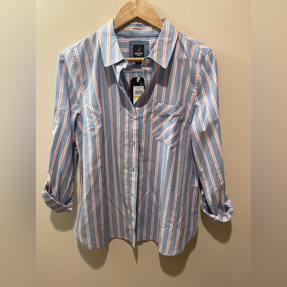 Nautica Blue and Pink Casual Button Down Shirt